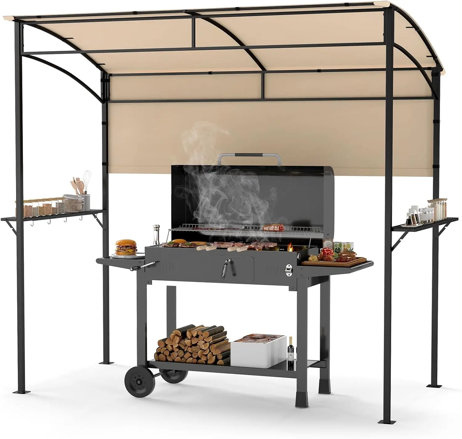 Beige Outdoor Barbecue Shelter with Metal Shelves, Hooks and Detachable Sidewall, Sun-Proof for Backyard, Deck, Garden
