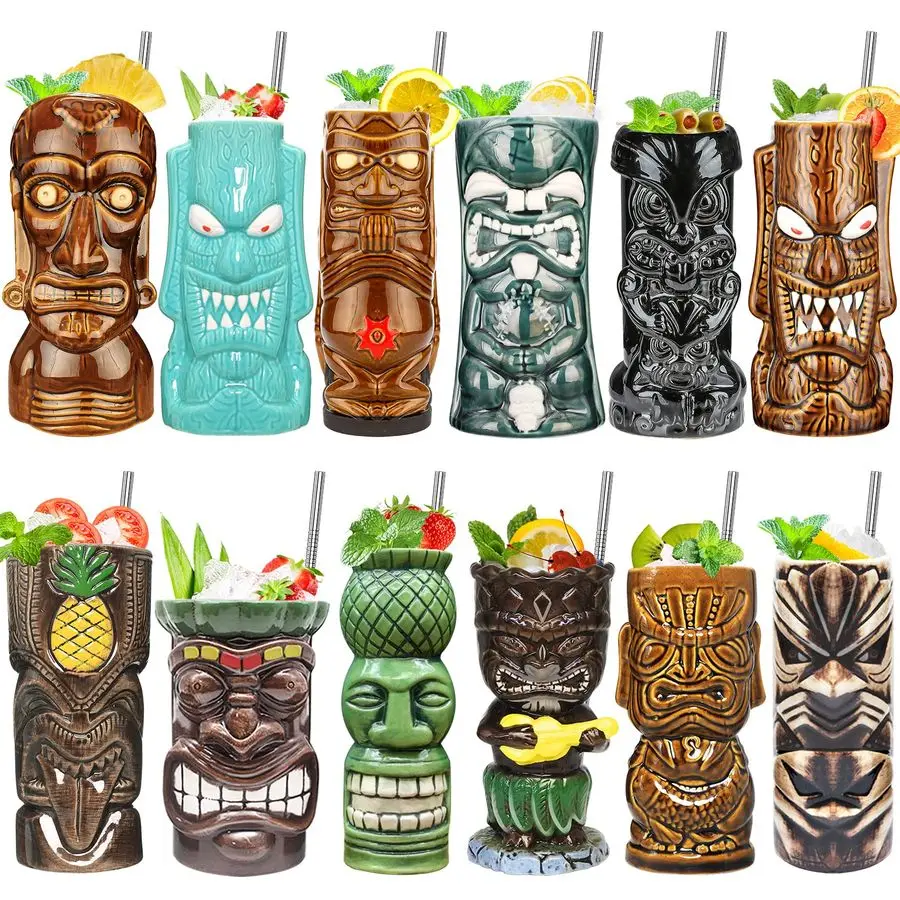 

Tiki Mugs Set of 12, Ceramic Tiki Mugs for Hawaiian Party,Creative Tiki Mug Set for Cocktails Glasses, Tiki Drinking Bar Decorat