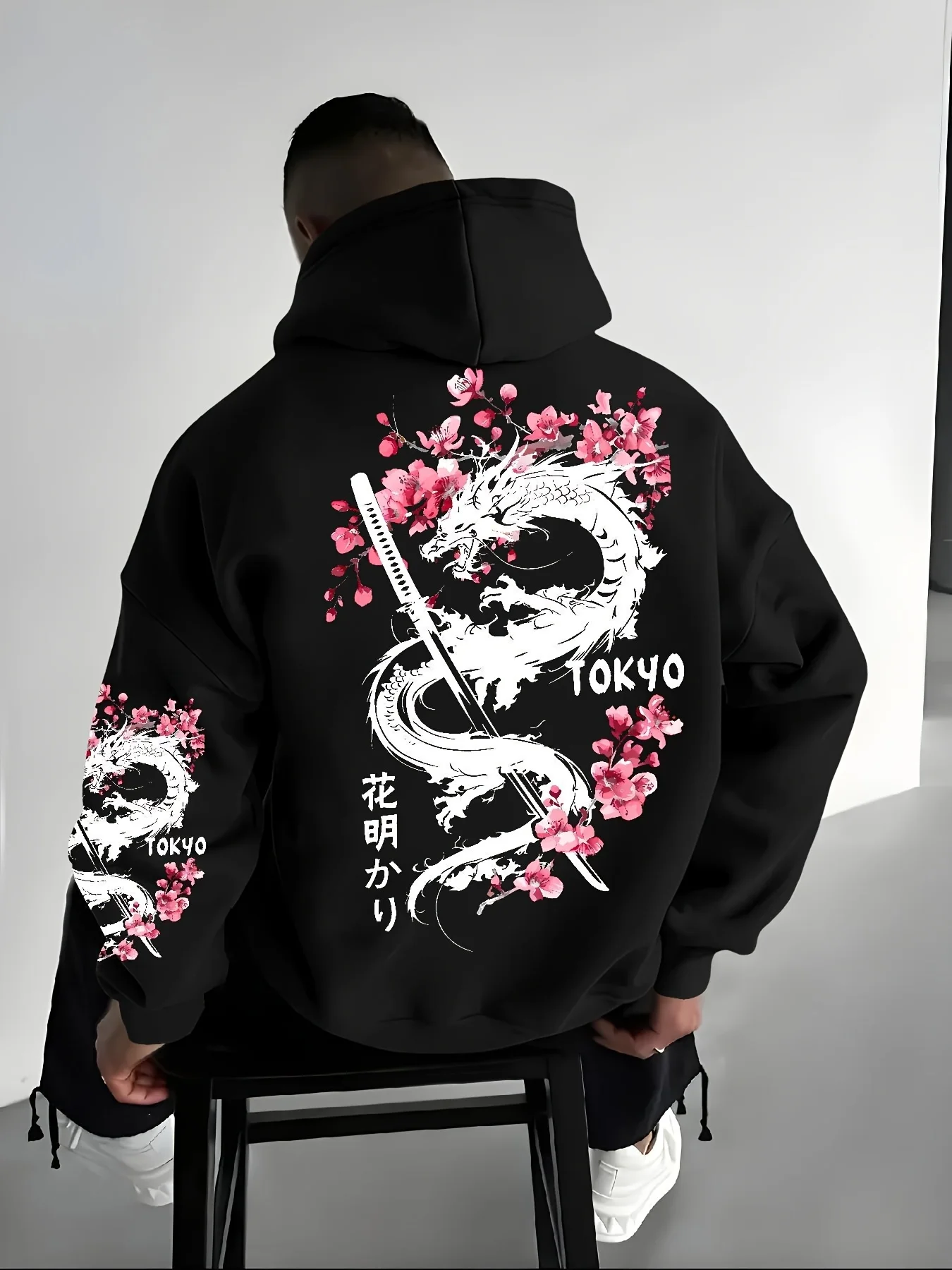 New Men's Anime Dragon Cherry Blossom Printed Hooded Sweatshirt Winter Fleece Warm Casual Street Comfort Inspired Design Hoodie