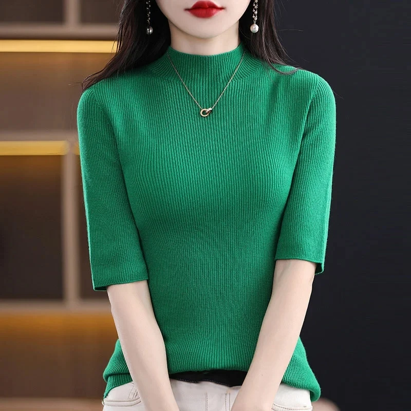 2024 Spring Summer New Women Korean Pullover Sweaters Short Sleeves O-Neck Bottoming Shirt Knitwear Sweater Female Jumper