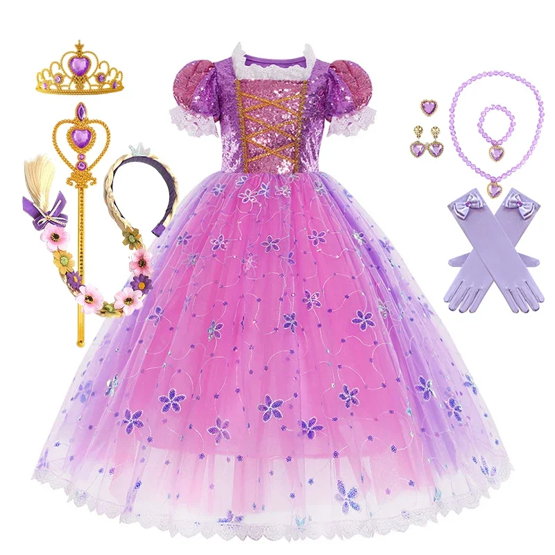 الوردي الأميرة رابونزيل للأطفال الفتيات زي الفيلم متشابكة تأثيري كرنفال حفلة عيد ميلاد عيد الميلاد فساتين شبكية