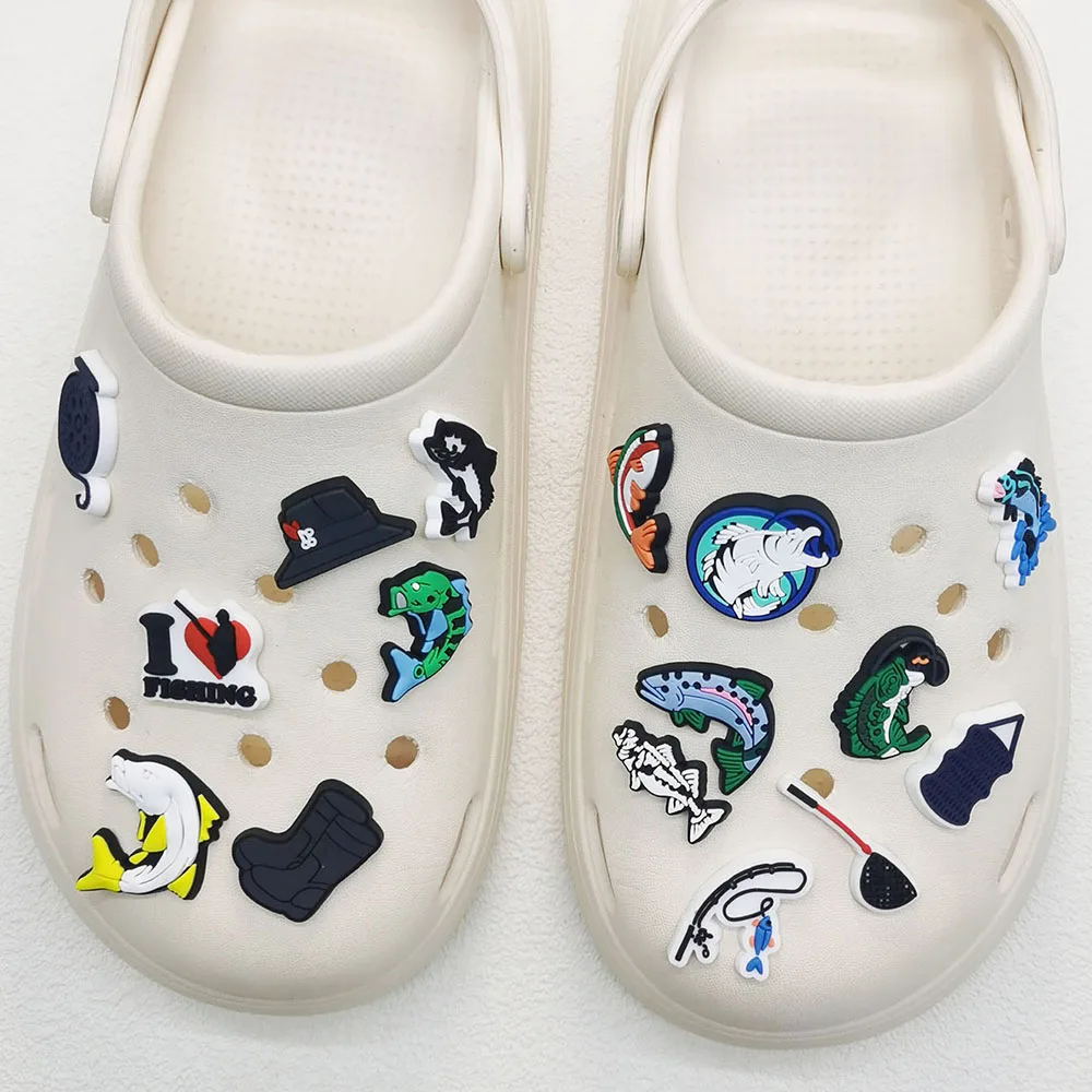 16PCS Love Fishing Series Shoe Charms DIY Decorations Funny Pattern Shoe Buckle Accessories Removable Clogs Shoe Clips Ornaments
