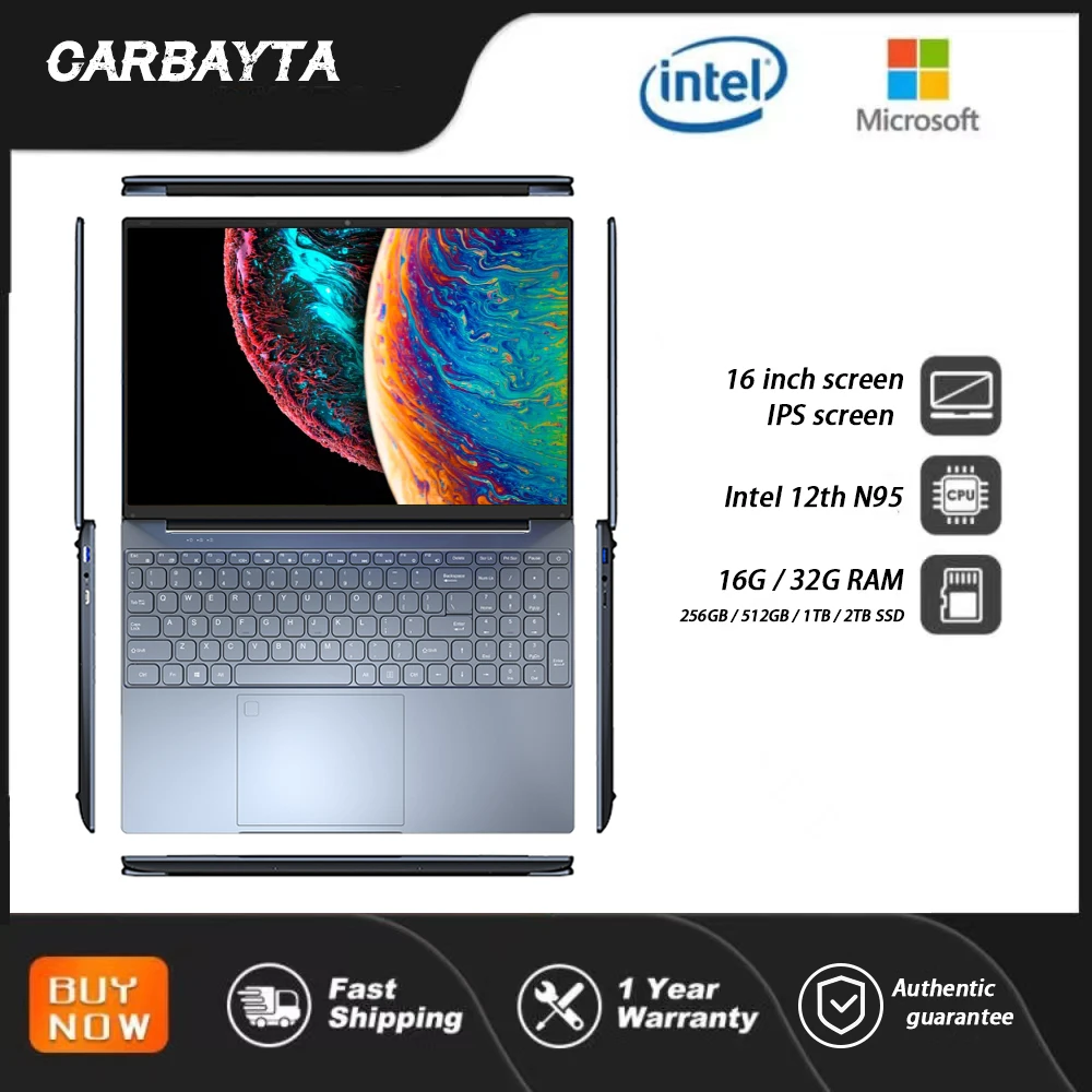 

CARBAYTA Max 32G Ram Laptop CBS16 16" IPS Ultra HD 12th Gen Intel N95 Processor 3.4Ghz SSD Windows 10 11 Pro Ultrabook Notebook