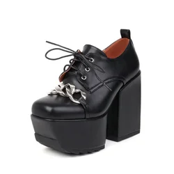 Ladies' platform shoes Lace-up Thick Heel Platform luxury High-heeled shoes Metal chain Square toes esque