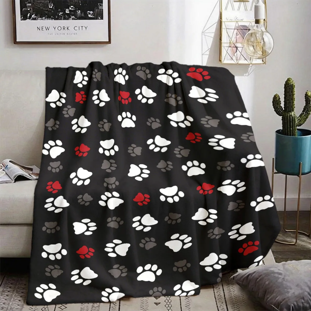 2026 New Releases Comfortable Flannel Blanket with Paw Prints, Soft And Warm, Suitable for All Seasons, Made of Polyester for Home, Travel, Camping, And Car Use
