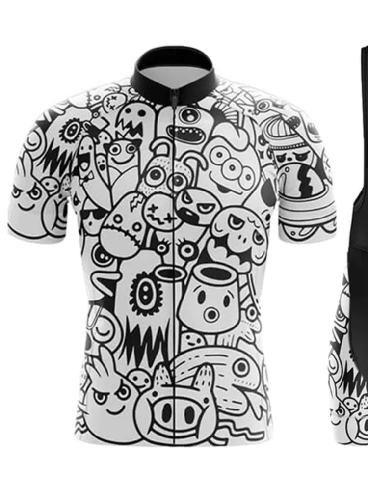 AliExpress NONE 2025 Team Cycling Jersey Set Short Sleeve Cartoon Bicycle Clothing Men Black MTB Maillot Ciclismo Bike Racing Bib Shorts Set