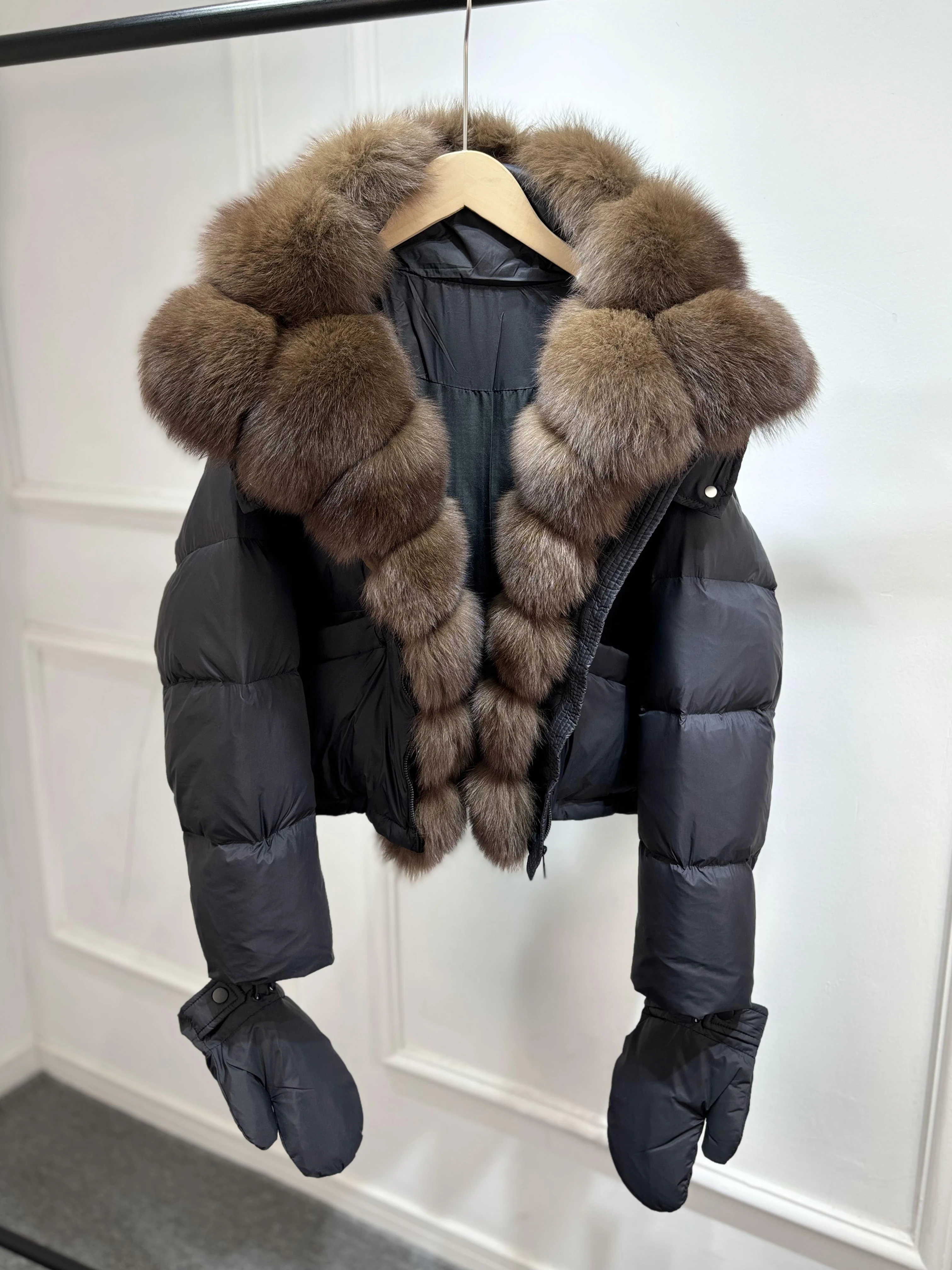 Janveny-abrigo acolchado informal con guantes, Parkas, prendas de vestir, chaqueta de plumón de pato blanco con cuello de piel de zorro Natural enorme de lujo para mujer 2025