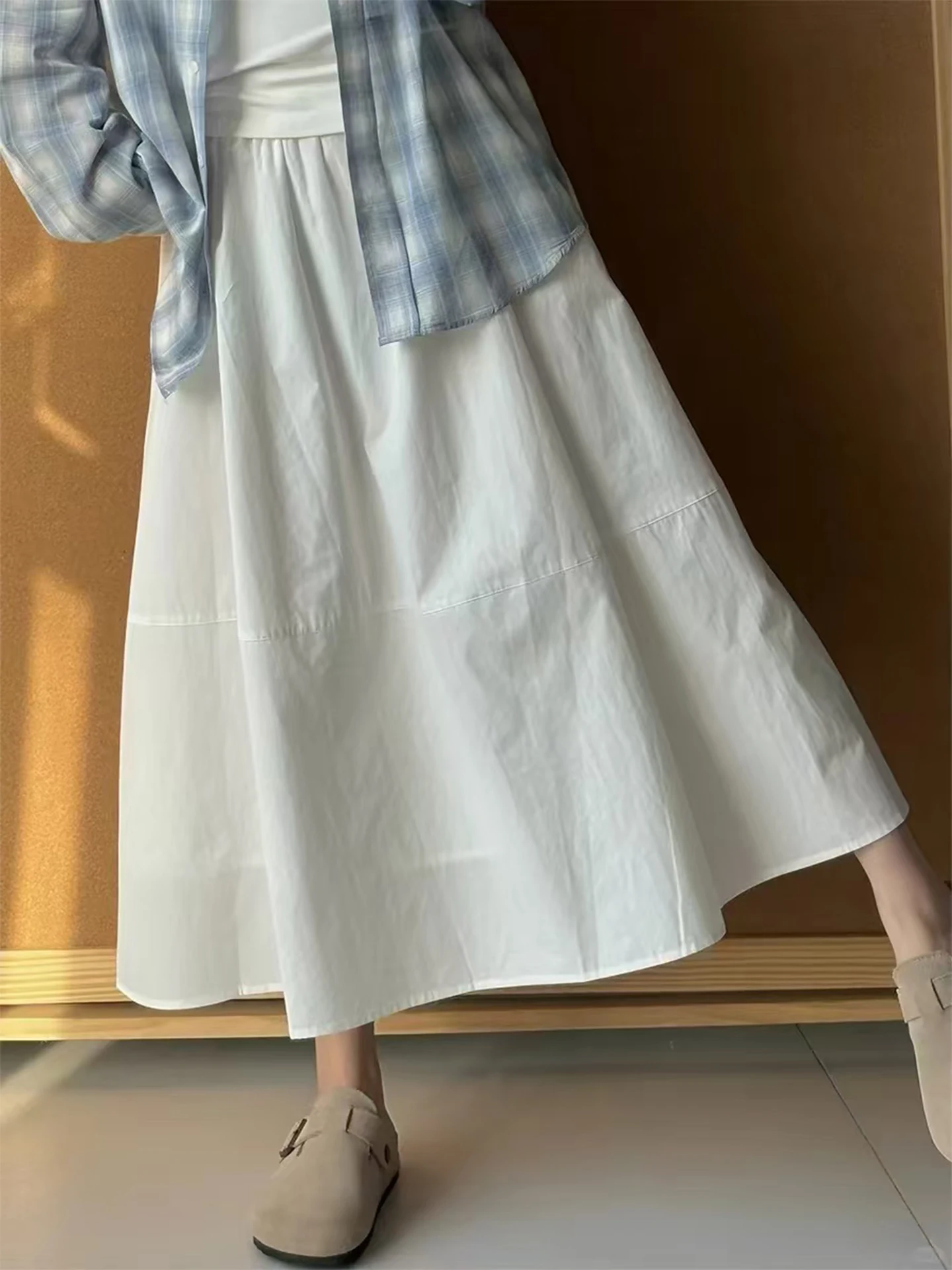 

White A-Line Midi Skirt Summer plus Size Puffy Belly Concealing Flared Skirts Women's Fashion High Waist Elastic Waist