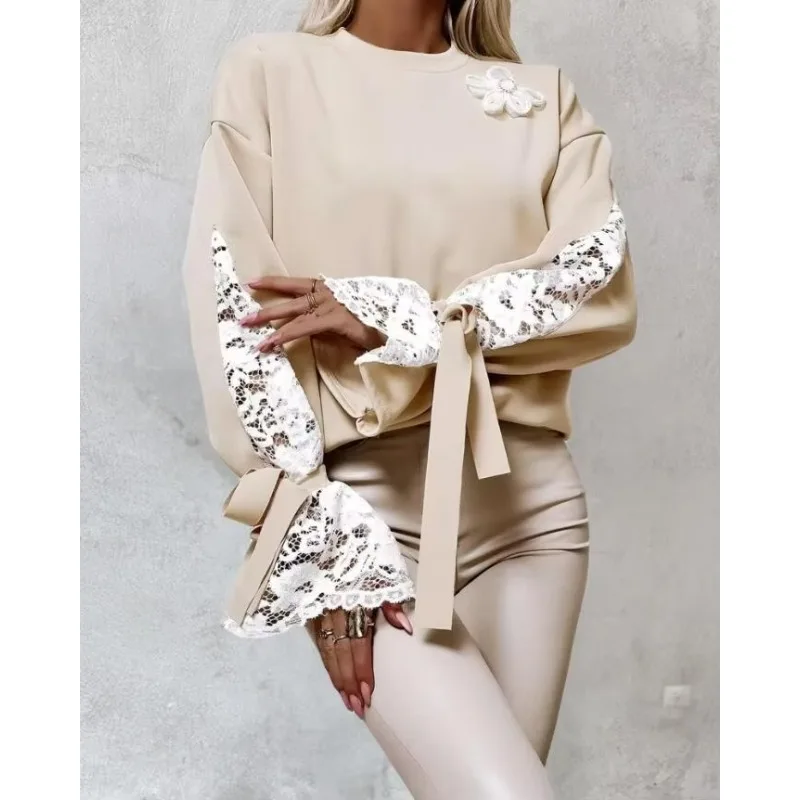 

Sweatshirt Three-Dimensional Flower Cuff Lace Colorblock Floral Pattern Lace Patch Patchwork Sweater Pullovers Coats