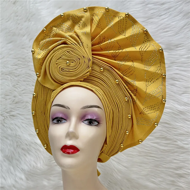 High Quality African Nigeria Gele Elegant Helmet With Stones Headband Turban Head Scarf Head-Hat Auto Gele Brand New Hats 7L1181