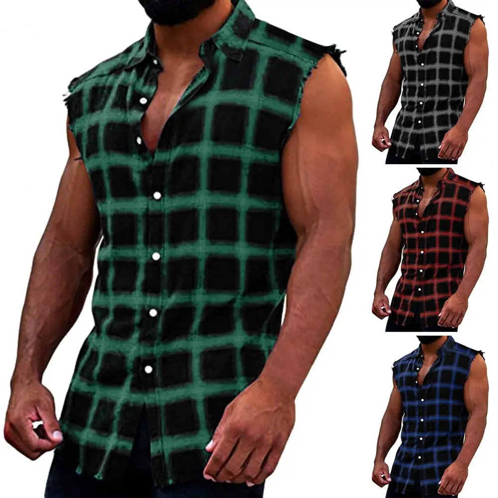 Men's Summer Fashion Casual Plaid Print Sleeveless T Shirt Vest Buckle  2024 Korean Style Mens Tank Tops Beach Vest