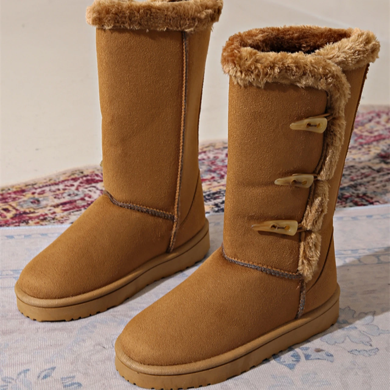 Winter Women Boots Platform Shoes Keep Warm Mid-Calf Snow Boots Ladies Side Button Comfortable Brown Long Boots Zapatos Mujer