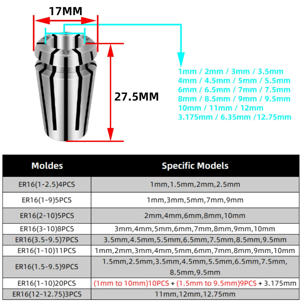 Jeu de pinces de haute précision pour machine de gravure CNC, pince à ressort, outil de tour, 11mm, 12mm, 0.008mm, 12.75, 1/2, 1/4, ER16 AA 1/8