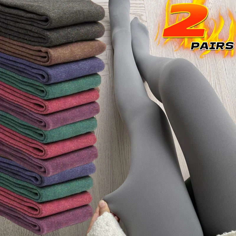 

2pcs Winter Warm Leggings Women's Thermal Pants Polar Pantyhose Sock Lined Pants Thick Velvet Tights High Elestic Wool Leggings