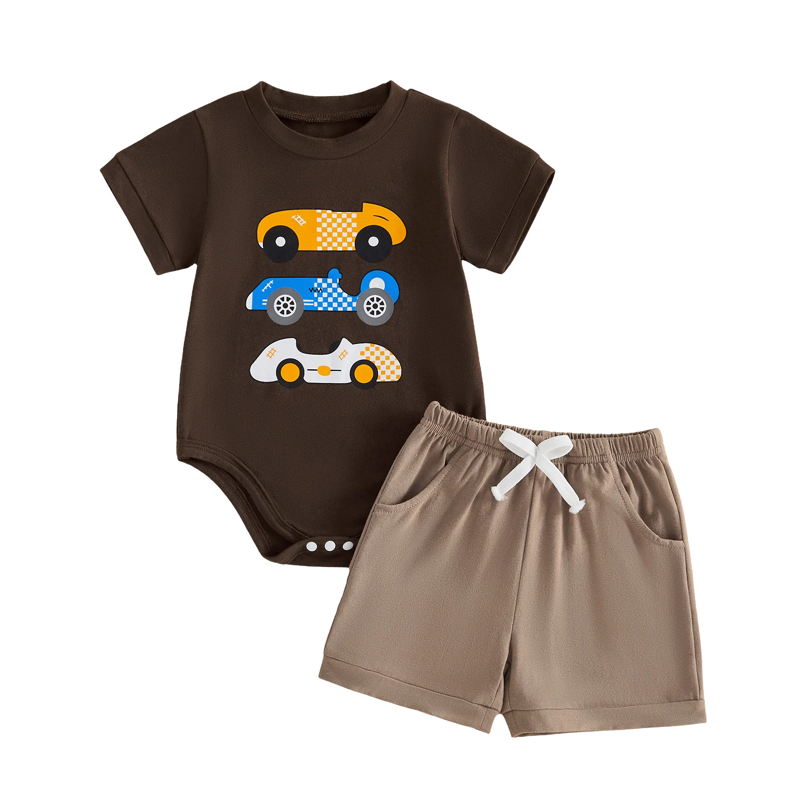 

Toddler Boy Casual Summer Outfit with Car Print Crew Neck Short Sleeve Romper and Shorts 2-Piece Set for Playtime