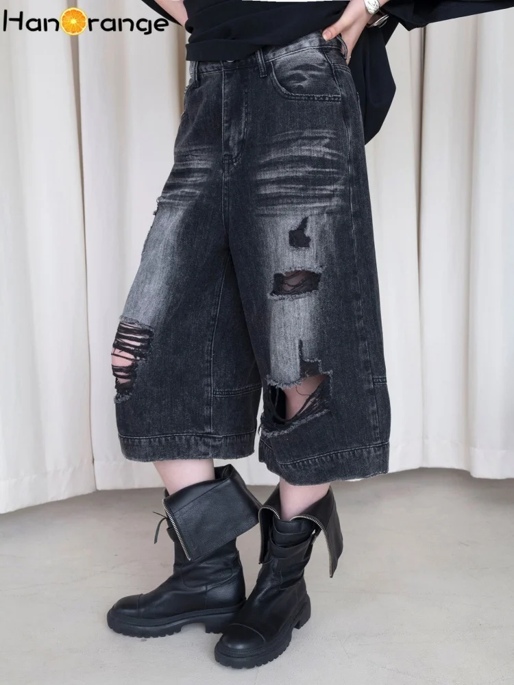 Capri Jeans Women 2026 Grunge Street Vintage Light Wash Ripped Denim Culottes Loose Wide Leg Distressed Ladies Cropped Jeans Y2K