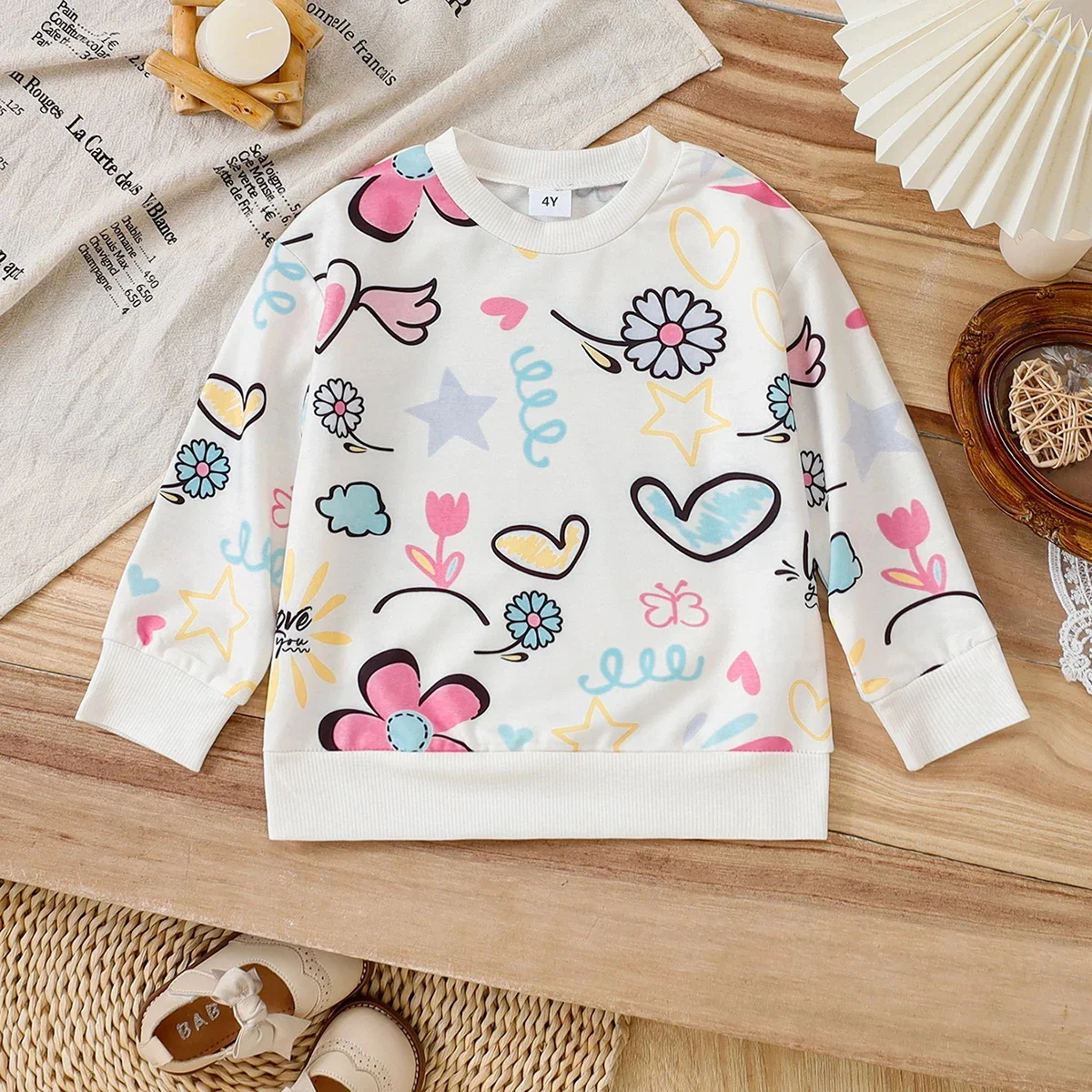 Kinderkleidung Mädchen-Kapuzenpullover, Rundhalsausschnitt, Graffiti-Blumenmuster, langärmelig, lässiges Oberteil für Mädchen im Alter von 4–7 Jahren, Herbst-Kapuzenpullover