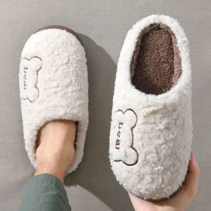 New Plush Slippers Men Casual Floor Flats Fashion Women Fluffy Winter Warm Slides  Bedroom Anti-Slip Lovers House Cotton Shoes