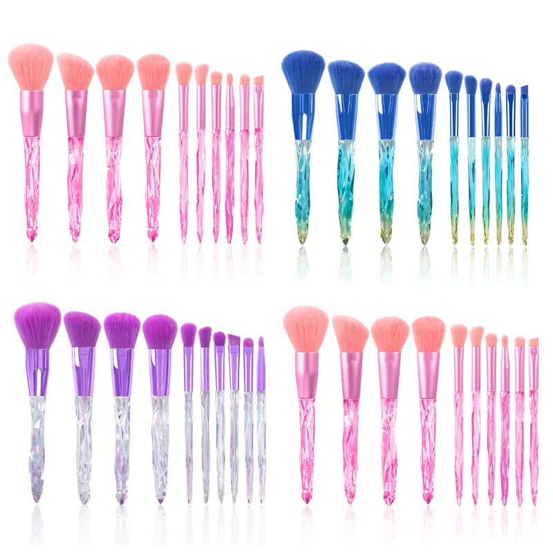 10pcs/set Faux Crystal Handle Makeup Brushes Portable Loose Powder Blush Eye Shadow Brow Lip Multifunction Cosmetic Brush Kit