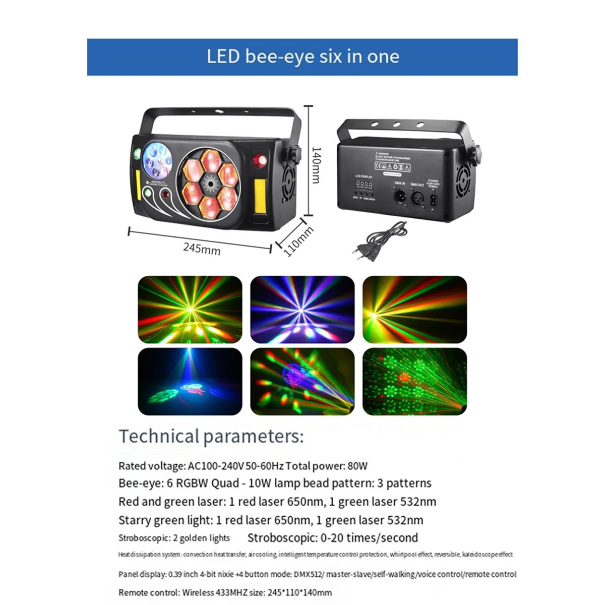 80W Stage Lights with Sound Activation, EU Plug