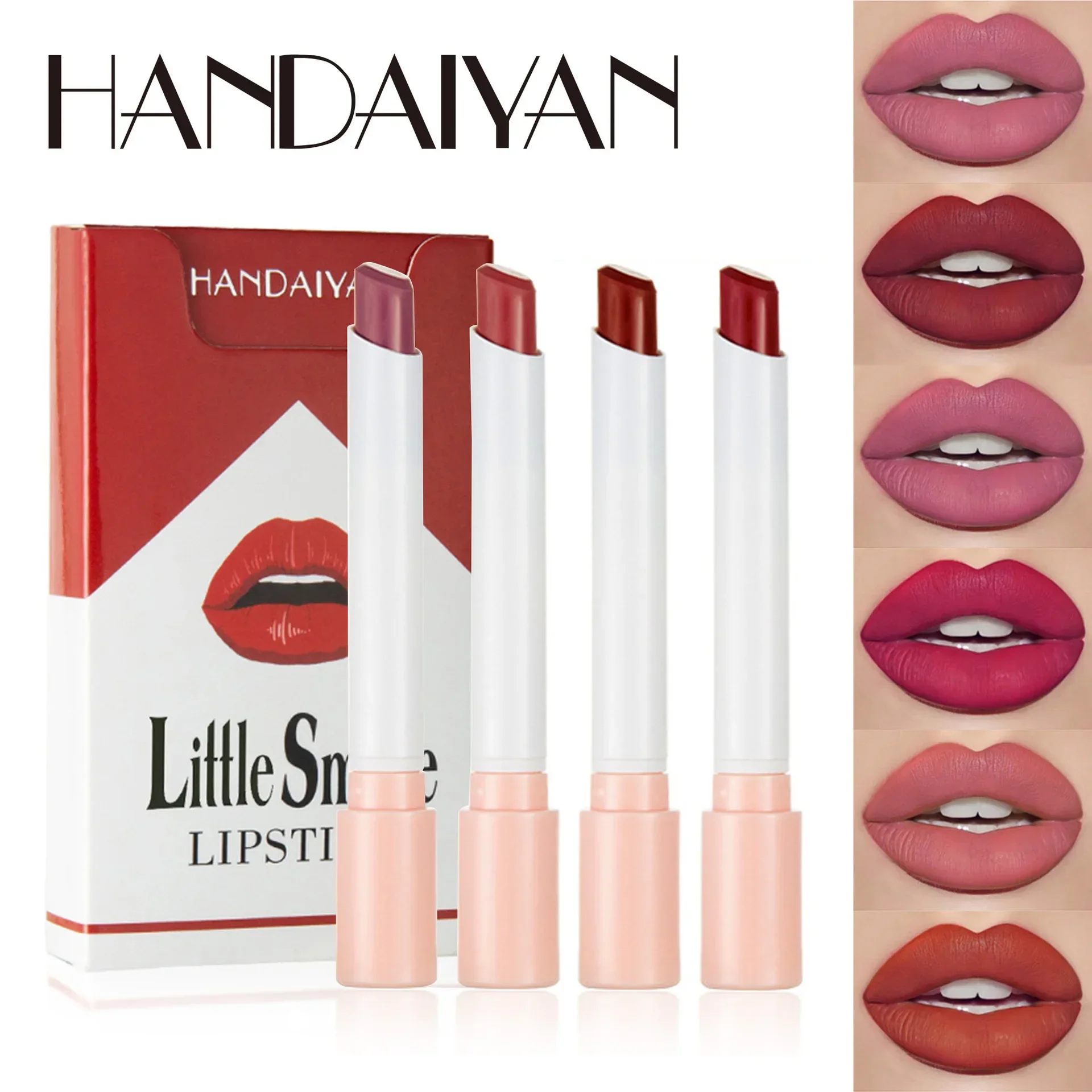 HANDAIYAN 4-Farben-Matt-Lippenstift-Set, befeuchtet, tragbar, beliebt, Lipgloss, wasserdicht, langlebig, heißer Verkauf, kreativer Lippenstift