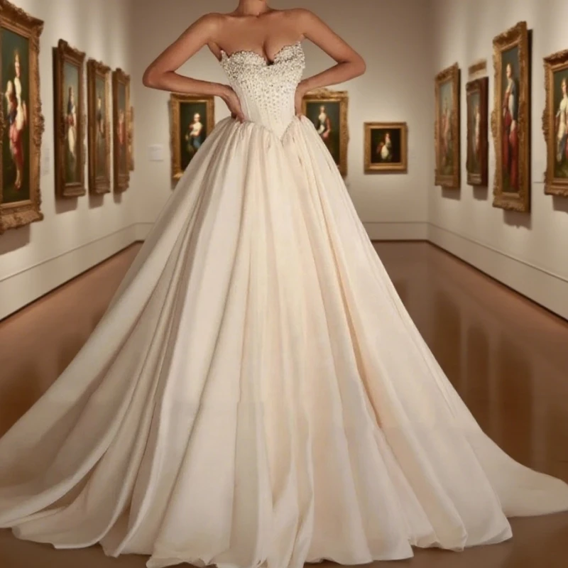 

Elegant A Line Women's Wedding Dresses Satin Bride Gowns Sleeveless Vestidos Pearls Backless Vestido Customized