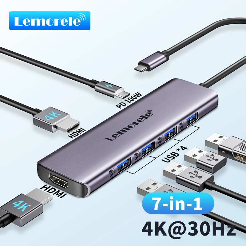 Lemorele TC66L 7-in-1 USB C Hub Dockingstation mit 4K HDMI 100W PD Multi Splitter Adapter für MacBook Windows iOS USB Typ C