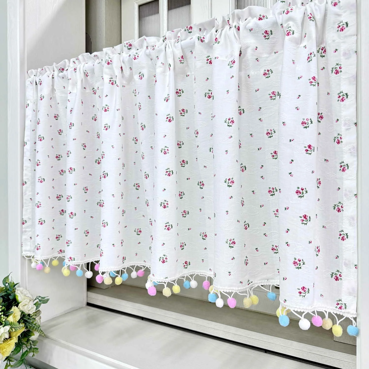 

Rustic Rose Cherry Jacquard Design Short Curtains Vintage Country Farmhouse Small Window Curtains for Kitchen, Doorway Curtains