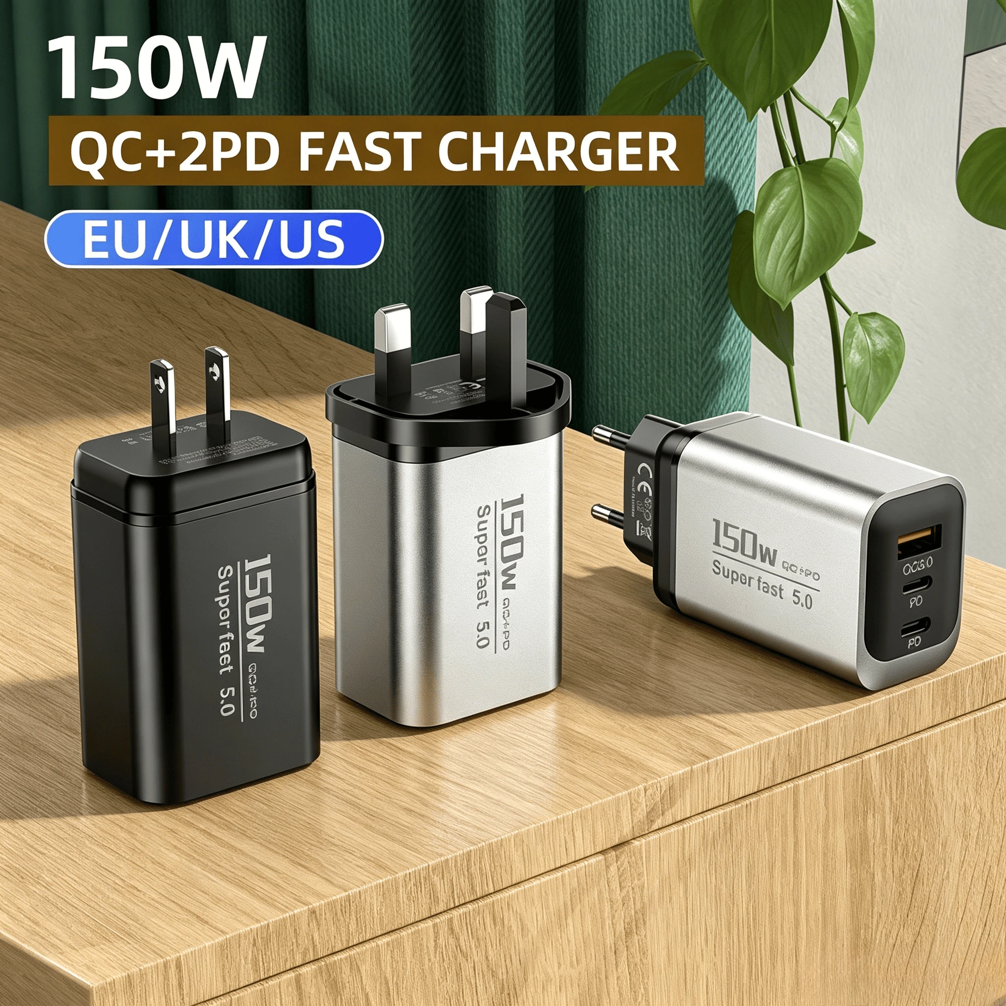 150W 3-in-1 USB-C-Ladegerät Typ C Schnellladeadapter QC3.0 PD3.0 EU/UK/US-Stecker Wandladegerät für iPhone Samsung Xiaomi Huawei