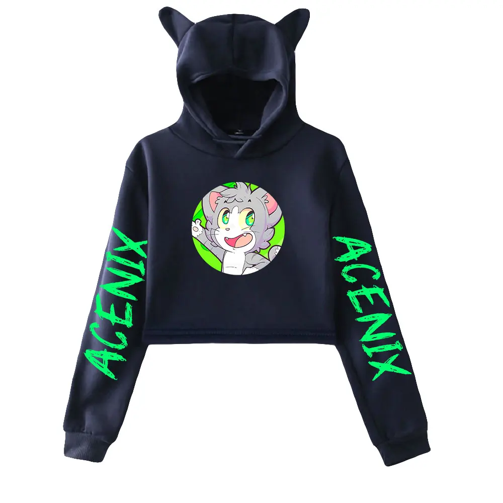 Acenix Merch Cat krótkie bluzy z kapturem damskie/dziewczęce bluzy z kapturem typu Crop Tops luźna bluza Acenix z kapturem