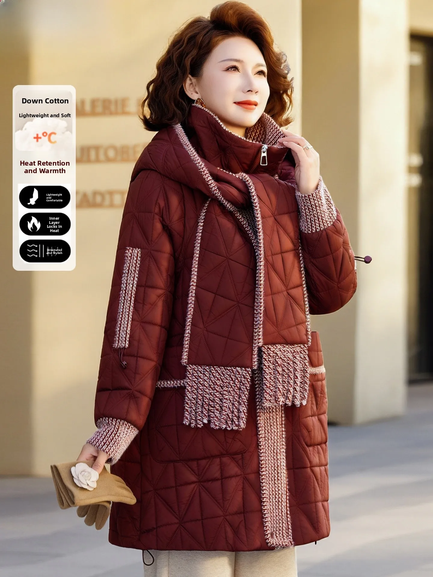 

Warm Faionable Mid-Length down Cotton Jaet Women's Winter Coat Scarf Collar ly Ladies Faionable Red Coat