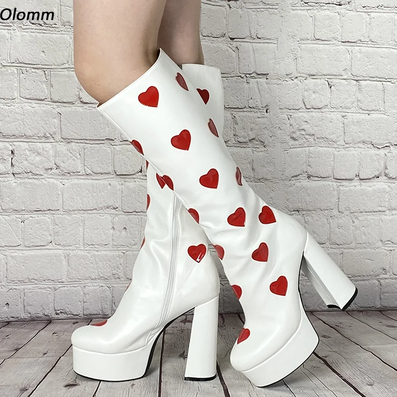 

Olomm 2025 Women Winter Platform Knee Boots Faux Leather Heart Pattern Hoof Heels Round Toe Gorgeous Party Shoes US Size 5-20