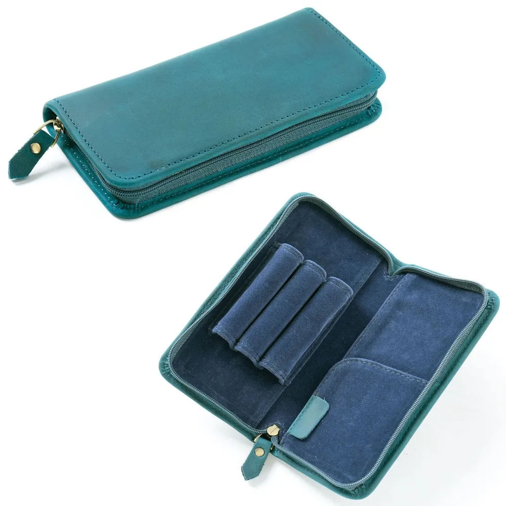 

Top Layer of Cowhide Cowhide Pen Case Zipper Closure 3 Slots Cowhide Pen Bag Vintage Large Capacity Pen Pouch School Supplies