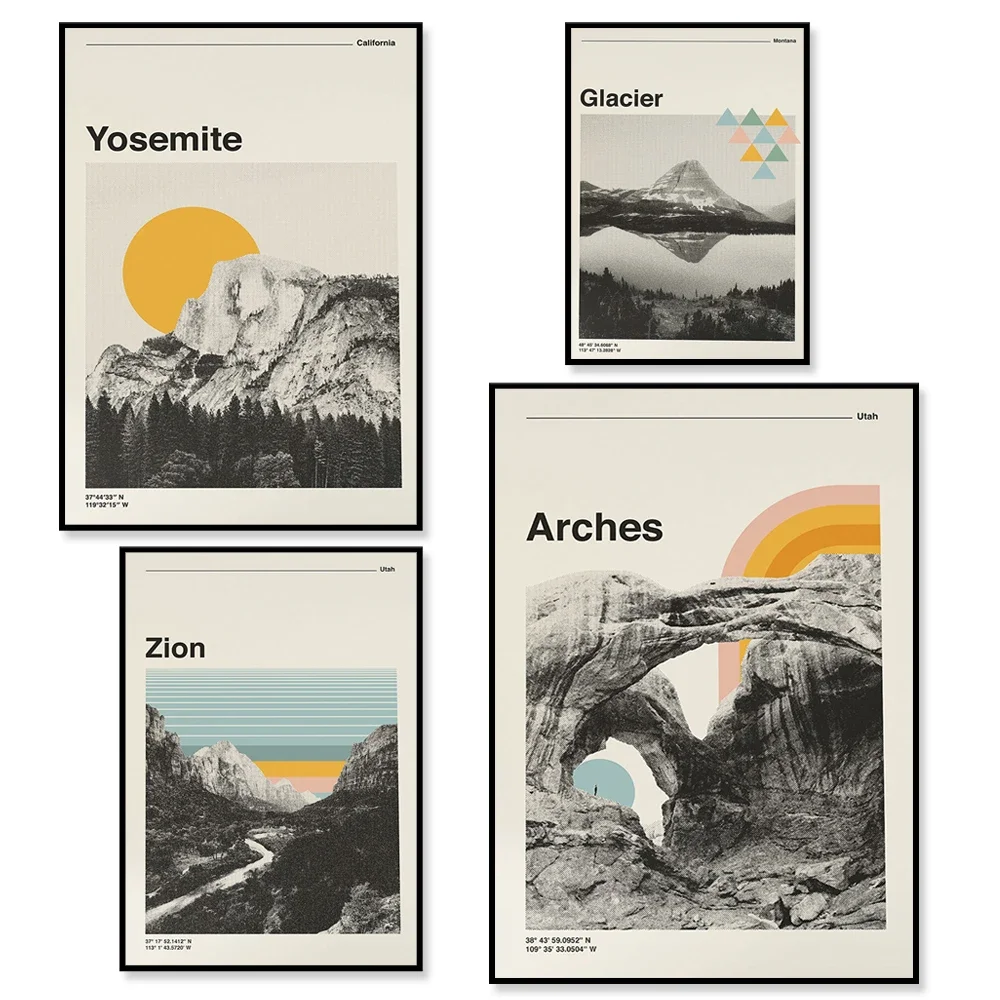 Vintage travel prints, Zion, Yosemite, Arches, Acadia, Glacier National Park Medieval vintage travel canvas print posters