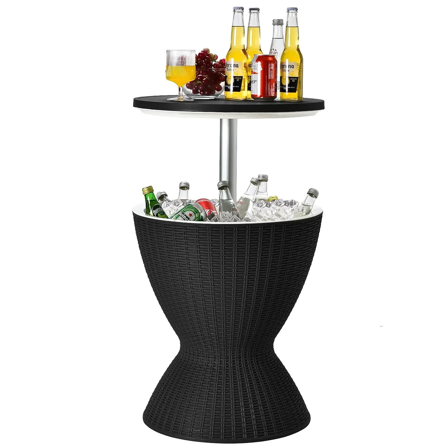 

Outdoor Cool Bar Table, Rattan Patio 8 Gallon Beer and Wine Cooler, All-Weather Ice Bucket w/Height Adjustable Top, Drainage Plu
