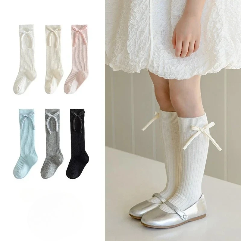 

Sweet Cute Bow Girls Long Socks Candy Color Princess Style Calf Socks for Girls School Uniform Spring Soft Cotton Children Socks