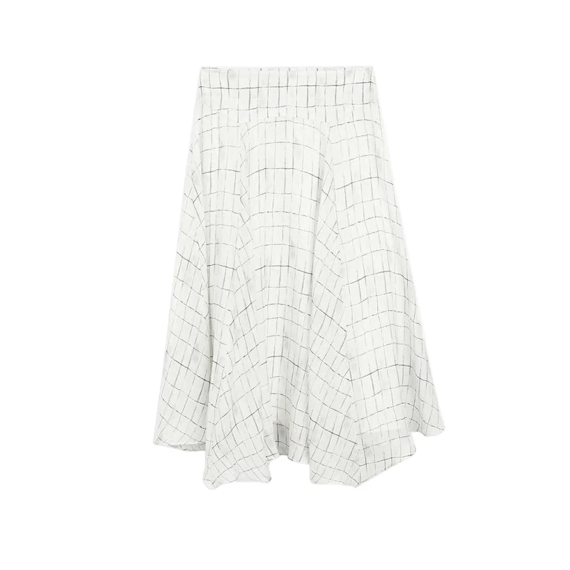 

Artistic Mid-Length A-Line Skirt with Asymmetrical Hem Drapey Plaid Polyester Fiber High Waist Commuter Sle Women's Skirt