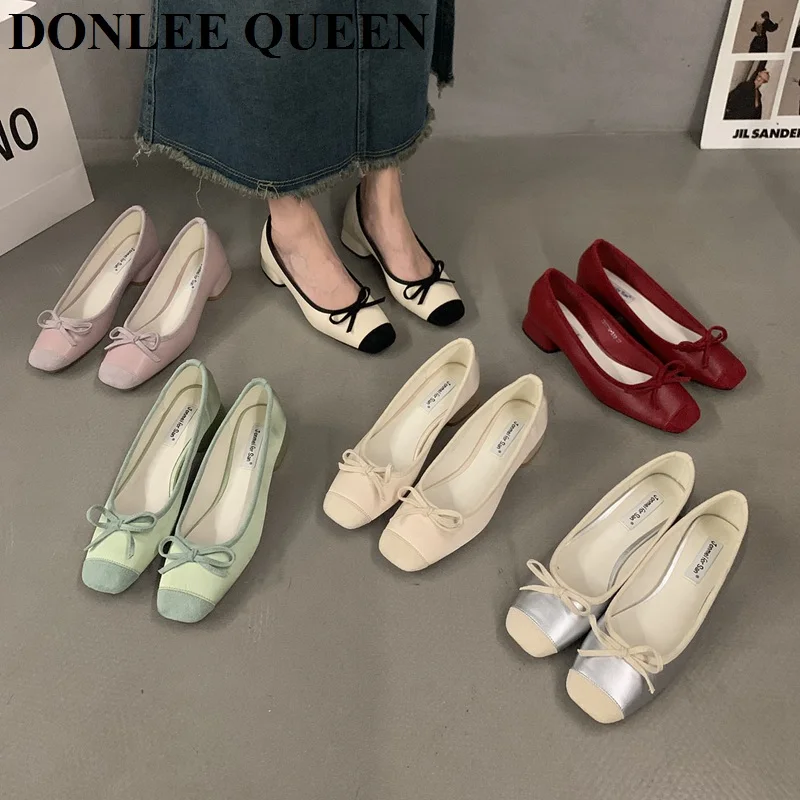 French Square Toe Bow Flats Shoes 2023 New Autumn Shallow Fairy All-match Gentle Office Dress Low Heels Pumps  Female  Ballerina