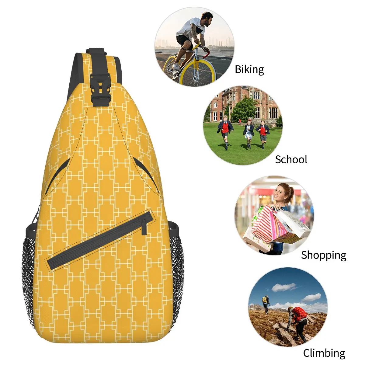 Mustard Yellow Geometric Crossbody Sling Bags Small Chest Bag Vintage White Line Shoulder Backpack Daypack Hiking Outdoor Travel