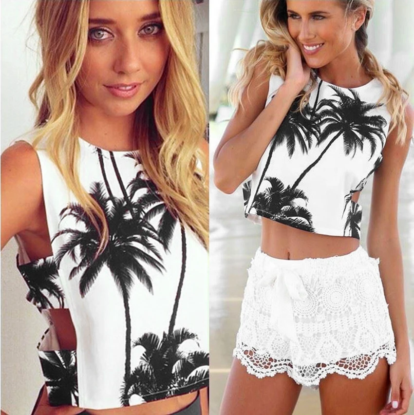 

Tank Top Black Coconut Tree Print Summer Women's Fashion Trend Side Leak Vest Breathable Comfortable Casual Street Style