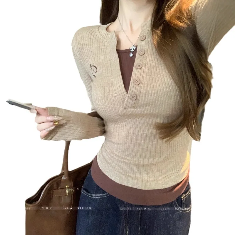 Color Blocking Fake Two-piece Long Sleeved T-shirt Base Shirt for Women's Autumn New Style Spicy Girl Slim Fit and Slimming Top