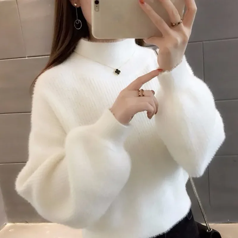 

Imitation Mink Velvet Sweater Women Outer Wear Autumn Winter New Lantern Sleeve Base Shirt Loose Half-Turtleneck Knitted Sweater