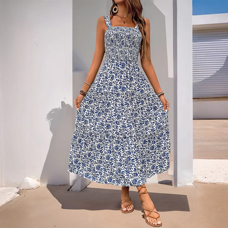 Elegant Floral Print Boho Women's Summer Long Dress Sexy Sleeveless Beach Sundress Casual Bohemia Backless Maxi Dresses Ladies
