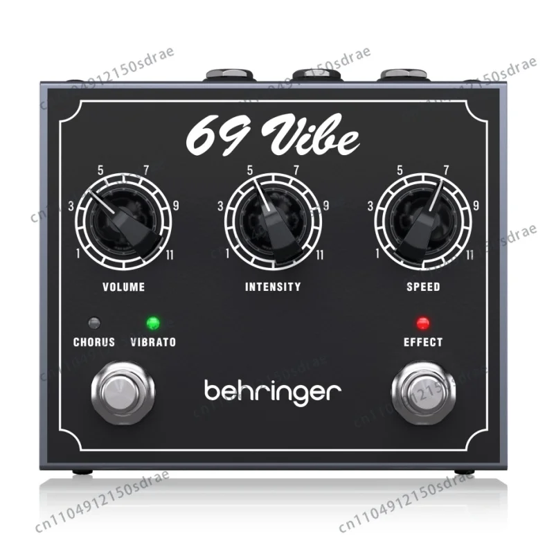 Pedal Behringer 69 Vibe com modos comutáveis por pedal, controle de velocidade integrado e entradas duplas para performance ao vivo.
