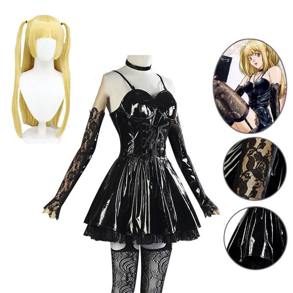 

Misa Amane Cosplay Costume Wig Imitation Leather Sexy Dress Necklace Lace Sleeves Stockings Women Uniforms Anime Outfits