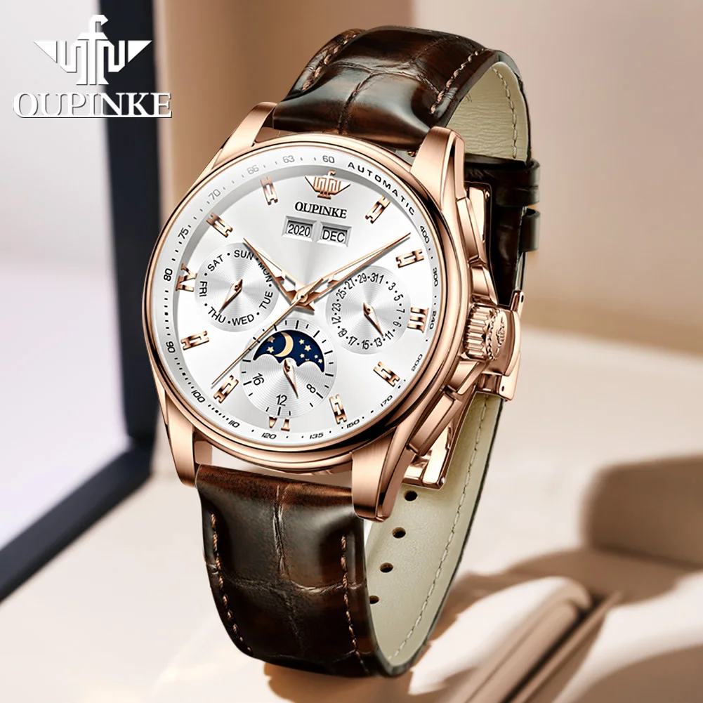 OUPINKE Men's Watches Casual Trend Leather Strap Original Automatic Mechanical Watch for Man Waterproof Moon Phase Calendar New