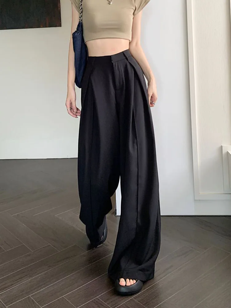 Zoki Casual Women Suit Wide Leg Pants Korean Oversize Loose Office Lady Black Suit Trousers Fashion Design High Waist Pants New