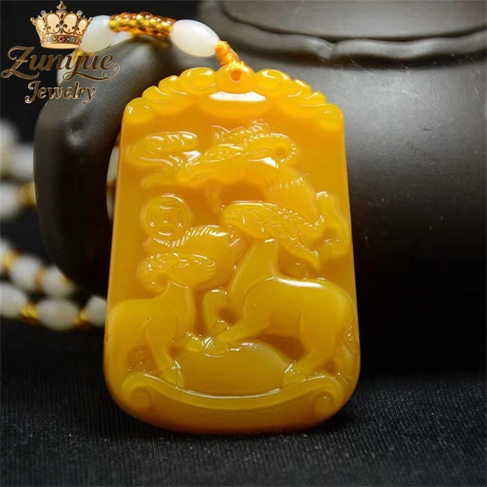 

Natural Yellow Dragon Jade Carved Three Sheep Bringing Good Fortune Jade Pendant Luxury Quality Jewelry Charms Exquisite Popular