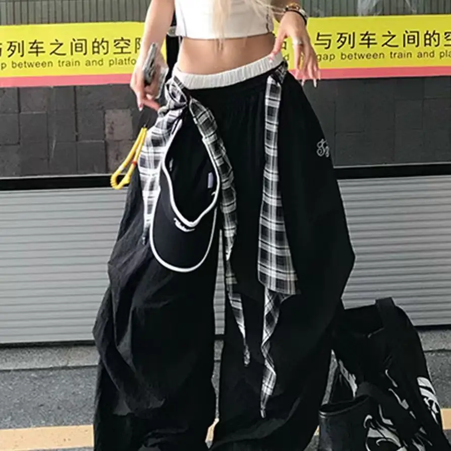 Y2K الأمريكية الأسود الرجعية الهيب هوب تقسم منقوشة حزام الساخن فتاة فضفاضة عادية عالية الخصر المرأة واسعة الساق التجفيف السريع Sweatpants