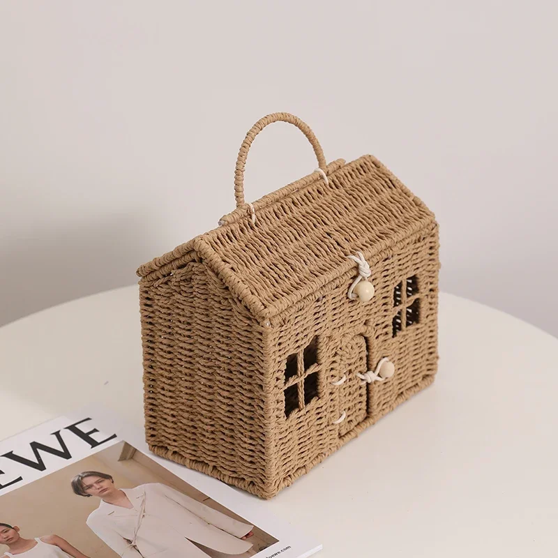 Cartoon small house hand-held straw bag new niche design hut hand-held woven bag to go out to store the basket